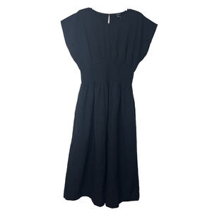 Madewell Seersucker Kaya Midi Dress Large Smocked Short Sleeve in Black